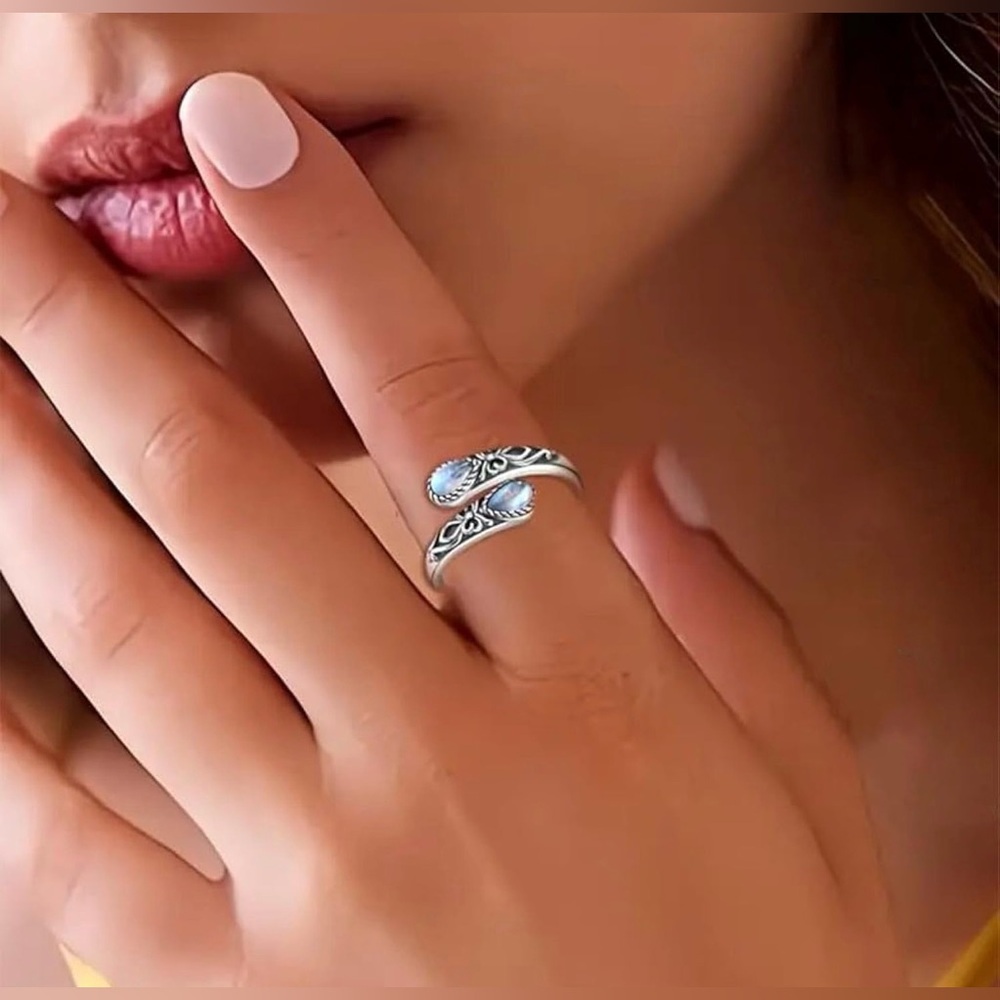 925 Sterling Silver Adjustable Moonstone Ring with Floral Design